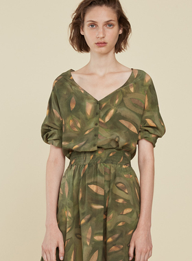 Vendy春夏新款桑蚕丝Contana脏染热带雨林衬衫印花女上衣