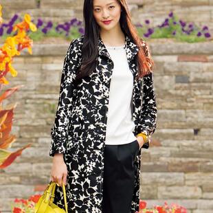 日单高端女装春款客供防皱罗缎面料黑白碎花图案 风衣  外套清仓