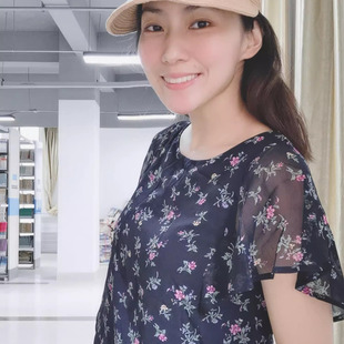 夏款 短袖 日单贵牌女装 小碎花图案杨柳皱雪纺蝙蝠袖 T恤 雪纺衫