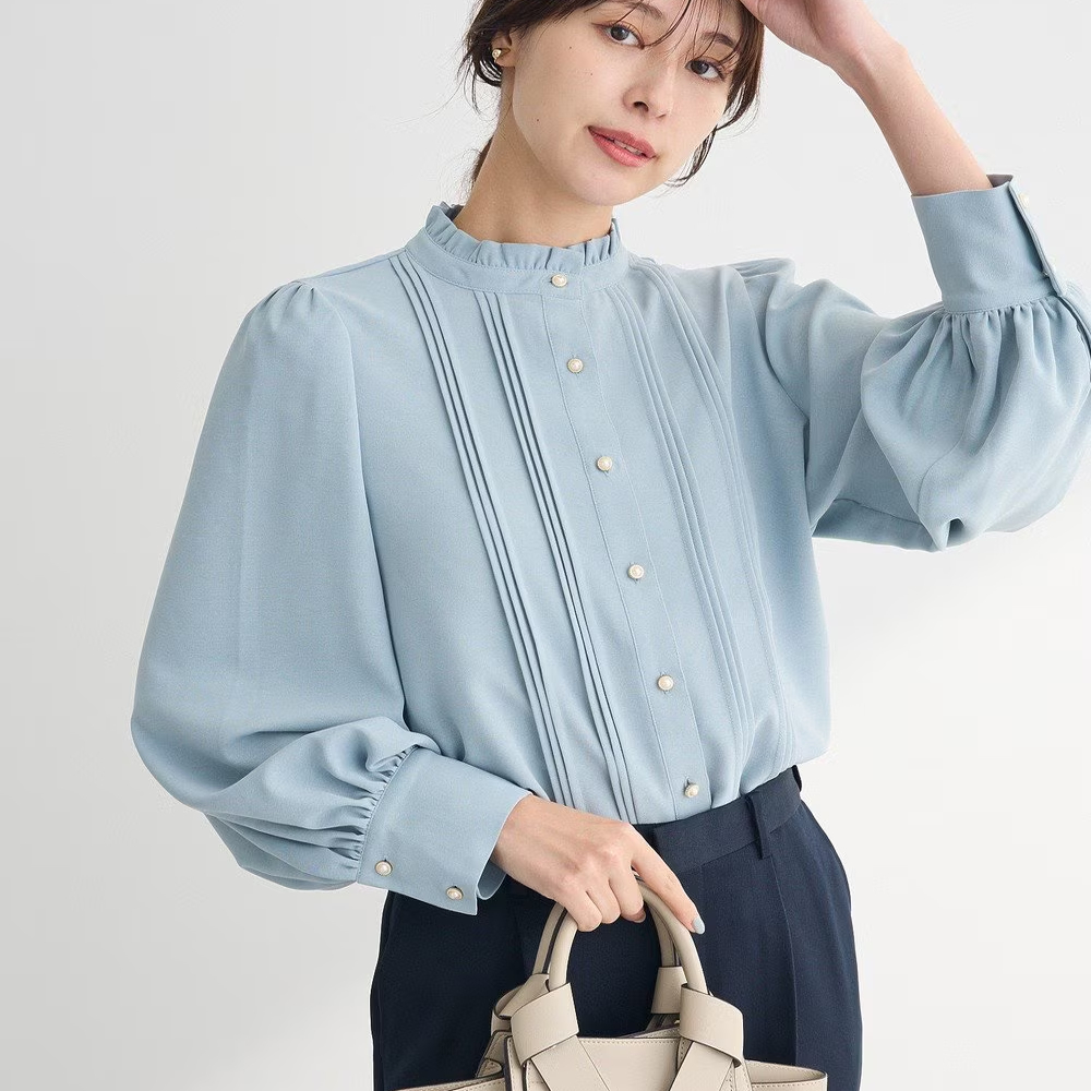日系女装春秋款垂坠防皱雪纺珍珠扣优雅花瓣领胸前褶皱长袖衬衣