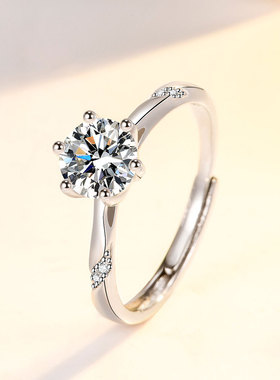 S925纯银六爪戒指女式时尚镶嵌锆石指环开口可调节不褪色戒子饰品