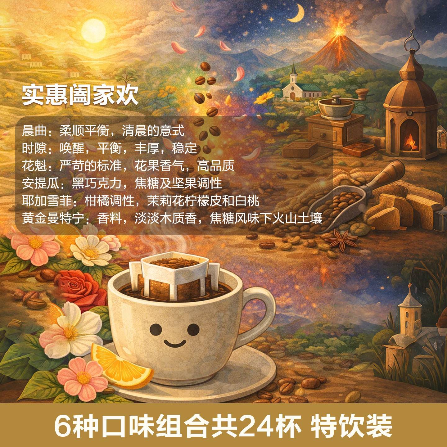 精品挂耳咖啡手冲美式黑咖啡耶加雪菲曼特宁花魁6种风味组合装