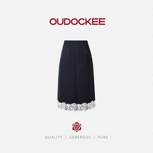 OUDOCKEE 鸥鸥【条纹裙】藏青色蕾丝拼接半身裙 B2502X319T