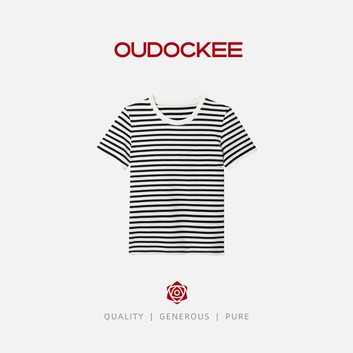 OUDOCKEE【钢琴】短袖T恤黑白条纹女新款 T2502H182T