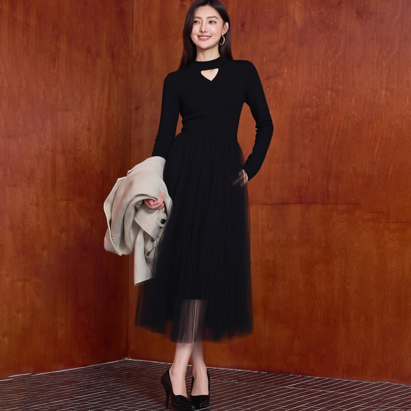 【芭依L】商场品牌女装折扣2025年冬季999元针织拼接网纱连衣裙