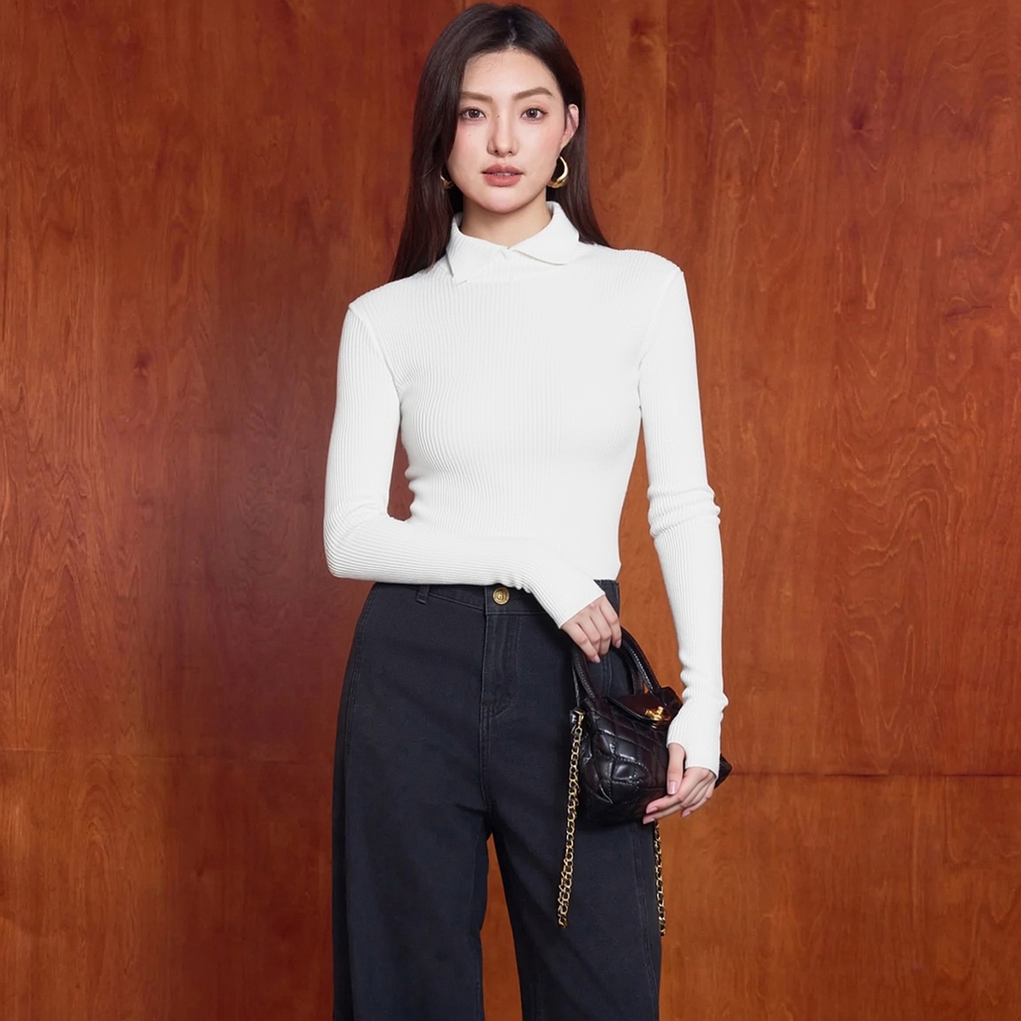 芭依L专柜翻领纯色毛衣针织衫