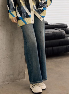 【缇系列】商场品牌女折扣25冬专柜579元直筒阔腿磨毛牛仔裤