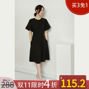 NANASTORE黑色连衣裙女2024春季 圆领宽松收腰裙子显瘦中长裙 新款