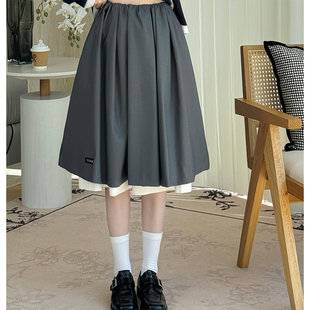 NANASTORE压褶半身裙女2024秋季新款宽松松紧腰显瘦中长款半裙子