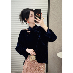 NANASTORE新中式丝绒上衣女2024春季新款宽松百搭短款长袖小衫t恤