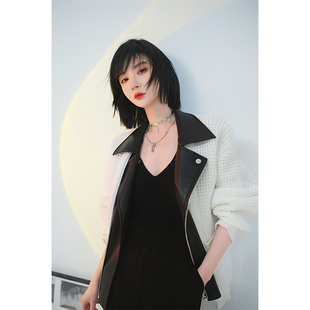 NANASTORE拼接外套女2024春季新款白色夹克针织开衫上衣休闲复古