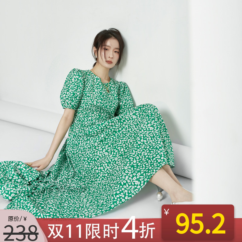 碎花高腰显瘦纯棉法式A字连衣裙