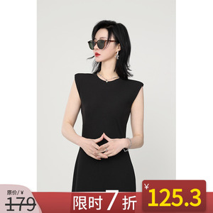 NANASTORE连衣裙女2024春季新款圆领无袖收腰黑色长裙小个子裙子