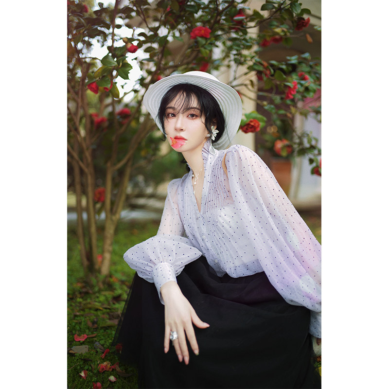 NANASTORE雪纺衫女2024春季新款宽松长袖上衣波点防晒衬衫T恤短款