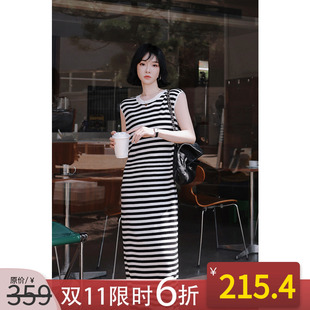 NANASTORE黑白条纹连衣裙子女装2024秋新款无袖显瘦直筒长裙秋装