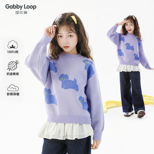 加比瑞童装 冬季新品 女童保暖舒适简约加厚套头毛衣中大童针织衫