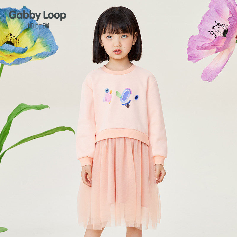 加比瑞童装 秋季新品 女童简约休闲拼接卫衣连衣裙中大童裙子