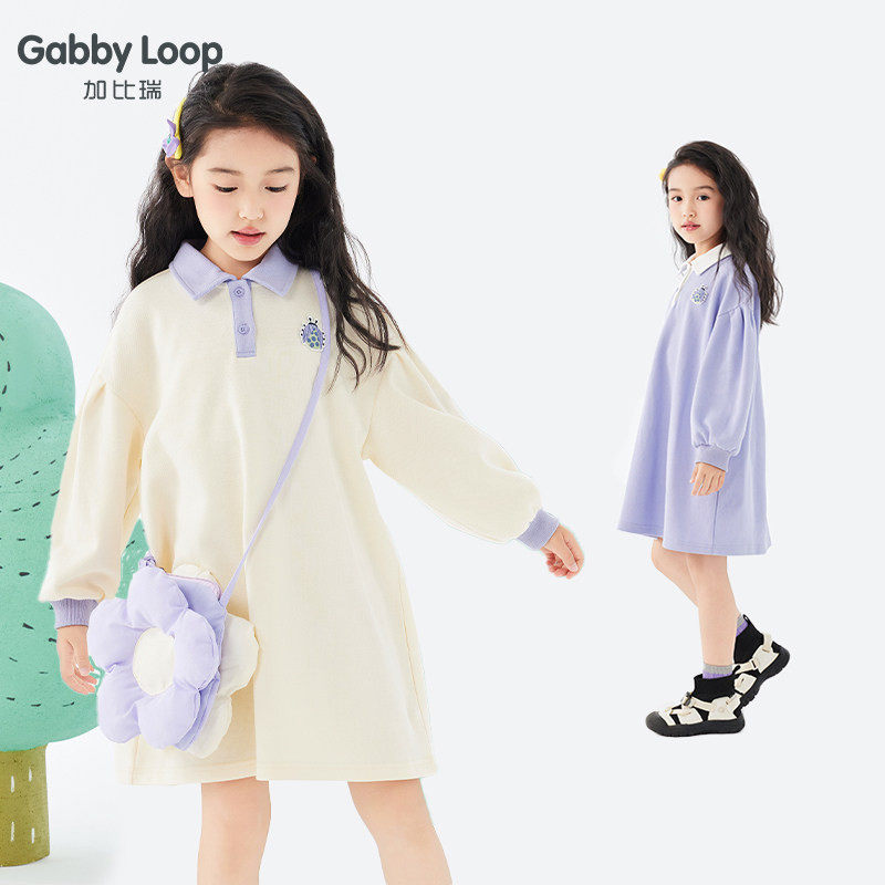 加比瑞童装 春秋季新品 女童简约休闲翻领长袖连衣裙中大童裙子