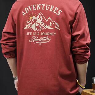 t恤男纯棉潮牌宽松大码 复古秋冬季 2024新款 内搭美式 男士 红色长袖