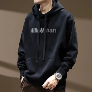 美式连帽重磅黑色卫衣男秋季字母印花长袖加绒宽松休闲打底帽衫男