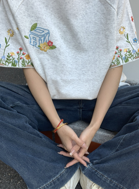 美式高街花卉字母刺绣短袖t恤男女夏季新款宽松纯棉复古情侣上衣