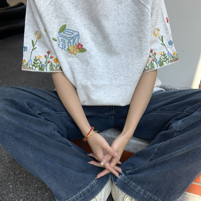 花卉字母刺绣短袖t恤男女