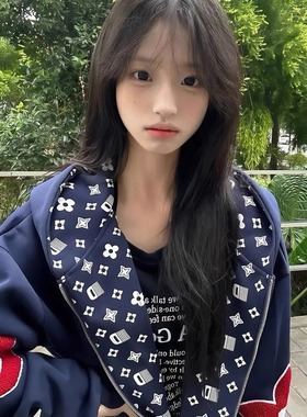 美式国潮印花开衫连帽卫衣外套男女2025秋冬新款学院风情侣款上衣