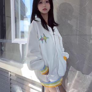原创彩色刺绣字母连帽开衫卫衣男女宽松百搭小众设计感拉链外套潮