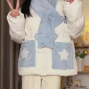 韩系甜美星星围巾翻领棉服外套女冬季新款宽松加厚设计感保暖棉衣