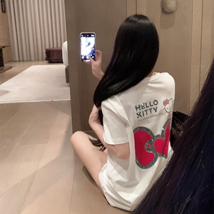 日系可爱helloKitty烫钻蝴蝶结短袖T恤女宽松纯棉小众设计感上衣