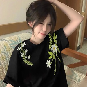 国朝牌新中式花卉环形刺绣短袖T恤男女夏季新款小众设计情侣上衣
