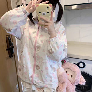 日系可爱花边满印兔子熊猫防晒衣女夏季新款宽松防紫外线拉链外套