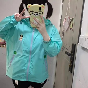 可爱萌妹幸运草小狗刺绣防晒衣女宽松防紫外线轻薄透气连帽外套夏