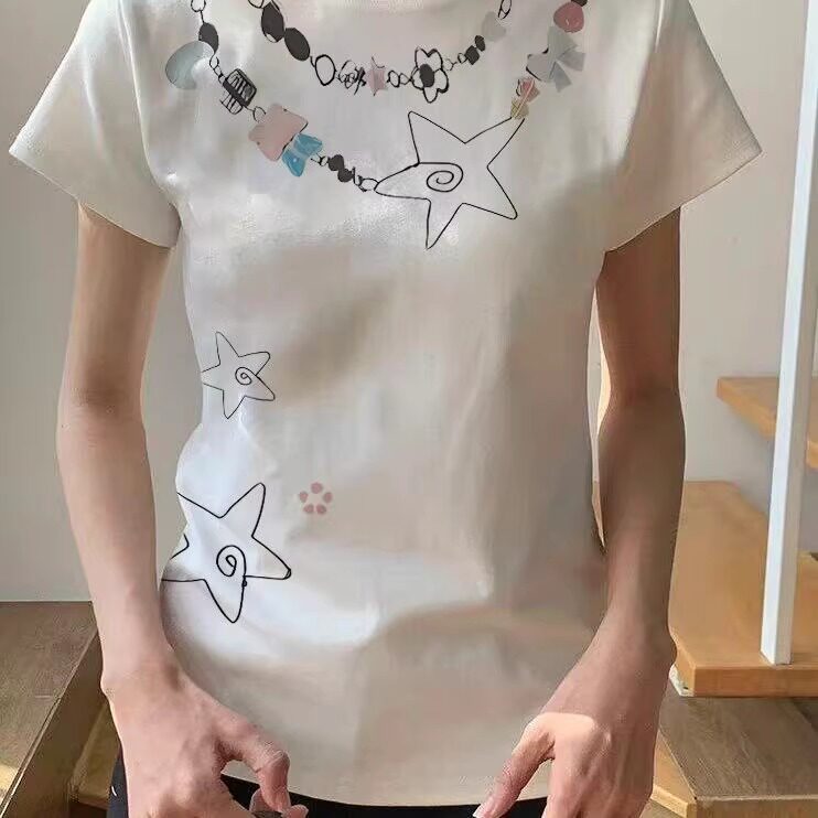 涂鸦星星项链正肩短袖t恤女