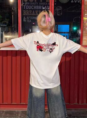 国潮牌美式复古苹果小猫咪刺绣短袖t恤女纯棉宽松高级感情侣上衣