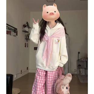 日系甜美蝴蝶结绑带连帽卫衣男女纯棉宽松设计感刺绣重工情侣上衣