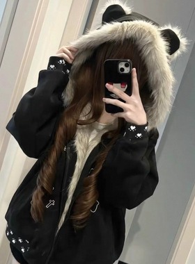 秋冬新款猫咪刺绣座山雕棉服外套男女宽松小众设计感加厚保暖棉衣