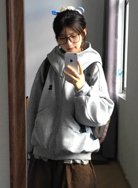 美式复古高领开衫空气层连帽卫衣女2025秋冬新款小众情侣拉链外套