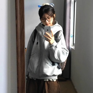 美式复古高领开衫空气层连帽卫衣女2025秋冬新款小众情侣拉链外套