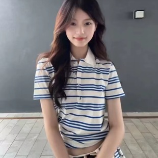 收腰修身 美式 t恤女夏季 复古条纹polo衫 显瘦设计感上衣ins 正肩短袖