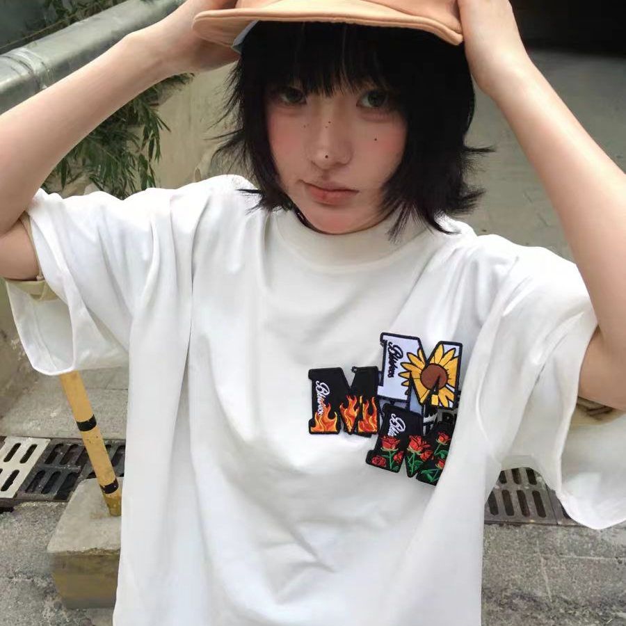 126KID美式复古魔术贴字母刺绣短袖t恤男女纯棉宽松小众情侣上衣