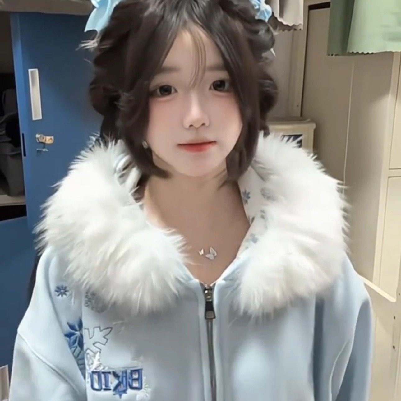 美式冰晶雪花刺绣毛领连帽卫衣外套女秋冬季宽松加绒加厚保暖上衣