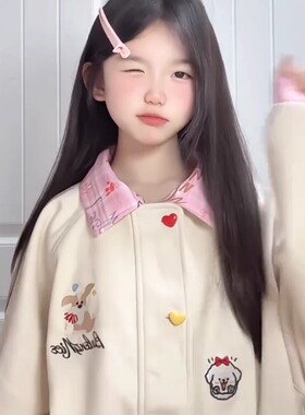 美式卡通可爱小狗刺绣棒球服外套女2025新款假两件宽松情侣款夹克