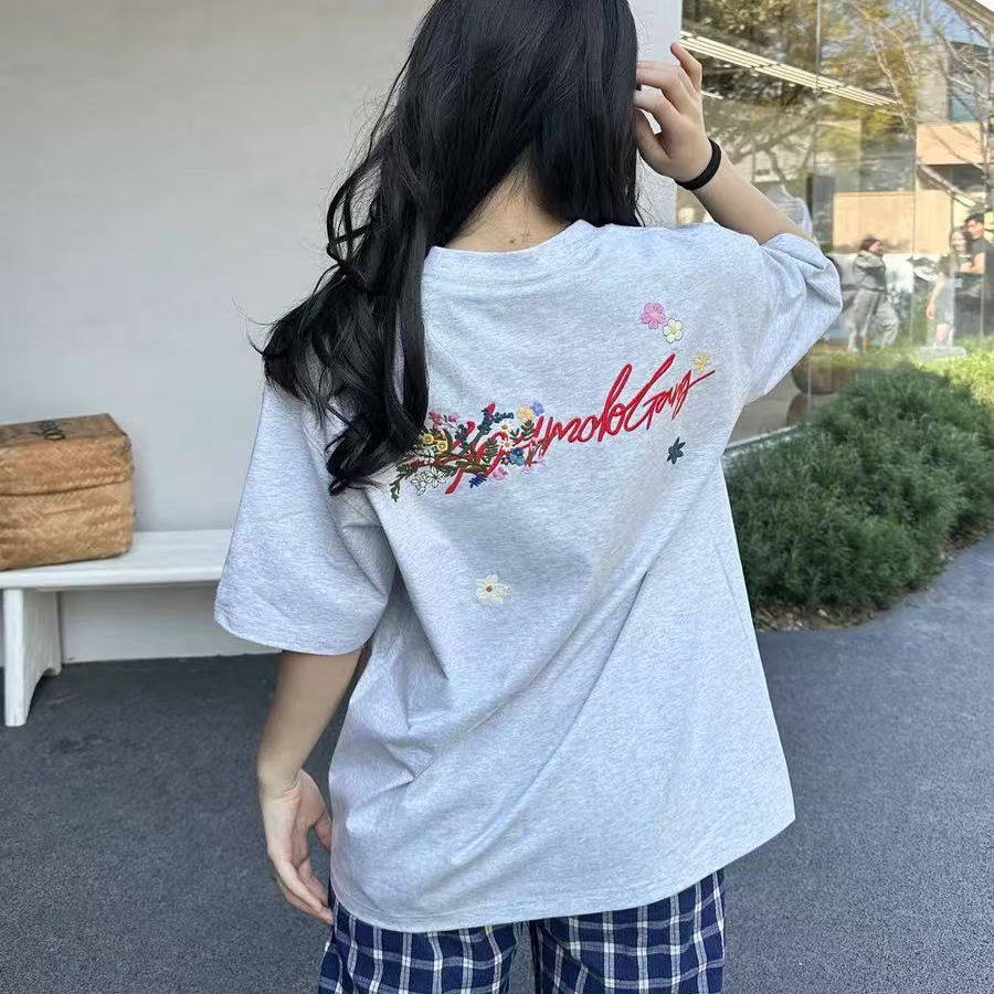 美式复古手写花卉刺绣短袖t恤男女夏季新款纯棉宽松潮牌情侣上衣