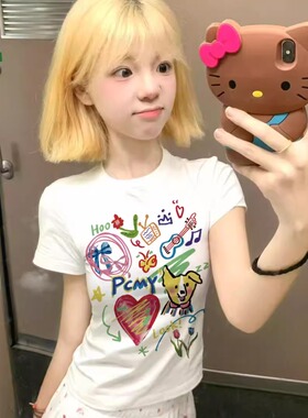 日系甜辣涂鸦爱心小狗正肩短袖t恤女夏季新款修身显瘦白色上衣ins