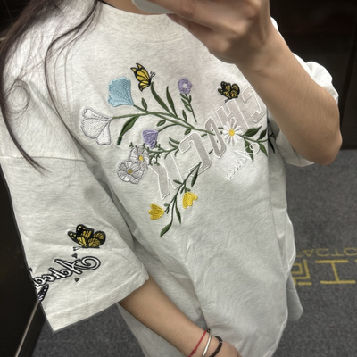 花卉刺绣短袖T恤男女纯棉情侣