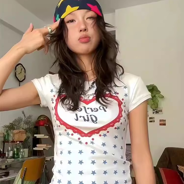 美式辣妹满印星星正肩短袖t恤女夏季显瘦修身收腰百搭白色上衣ins