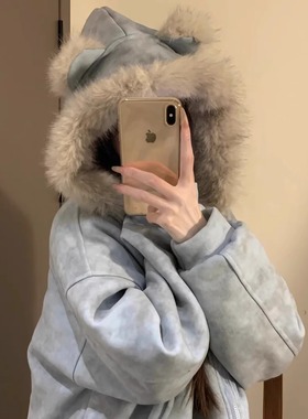 美式潮牌小熊耳朵座山雕麂皮绒连帽棉服外套女冬宽松保暖毛领上衣