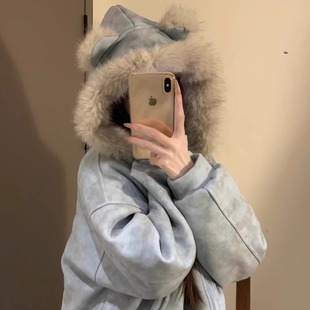 美式 潮牌小熊耳朵座山雕麂皮绒连帽棉服外套女冬宽松保暖毛领上衣