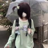 空气列车刺绣坏猫咪绿白条纹长袖 甜酷宽松设计感上衣潮 T恤女美式